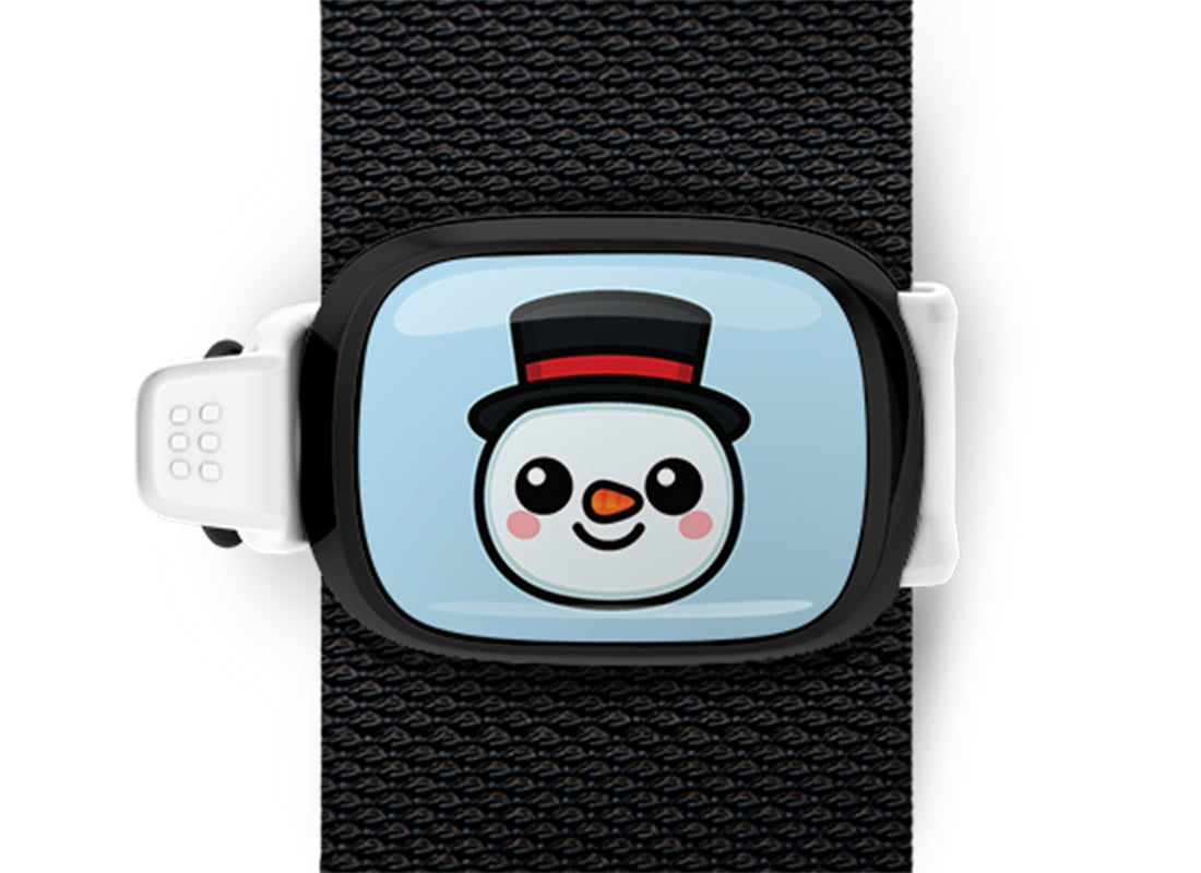 Snowman bag tag Stwrap mounted on backpack strap