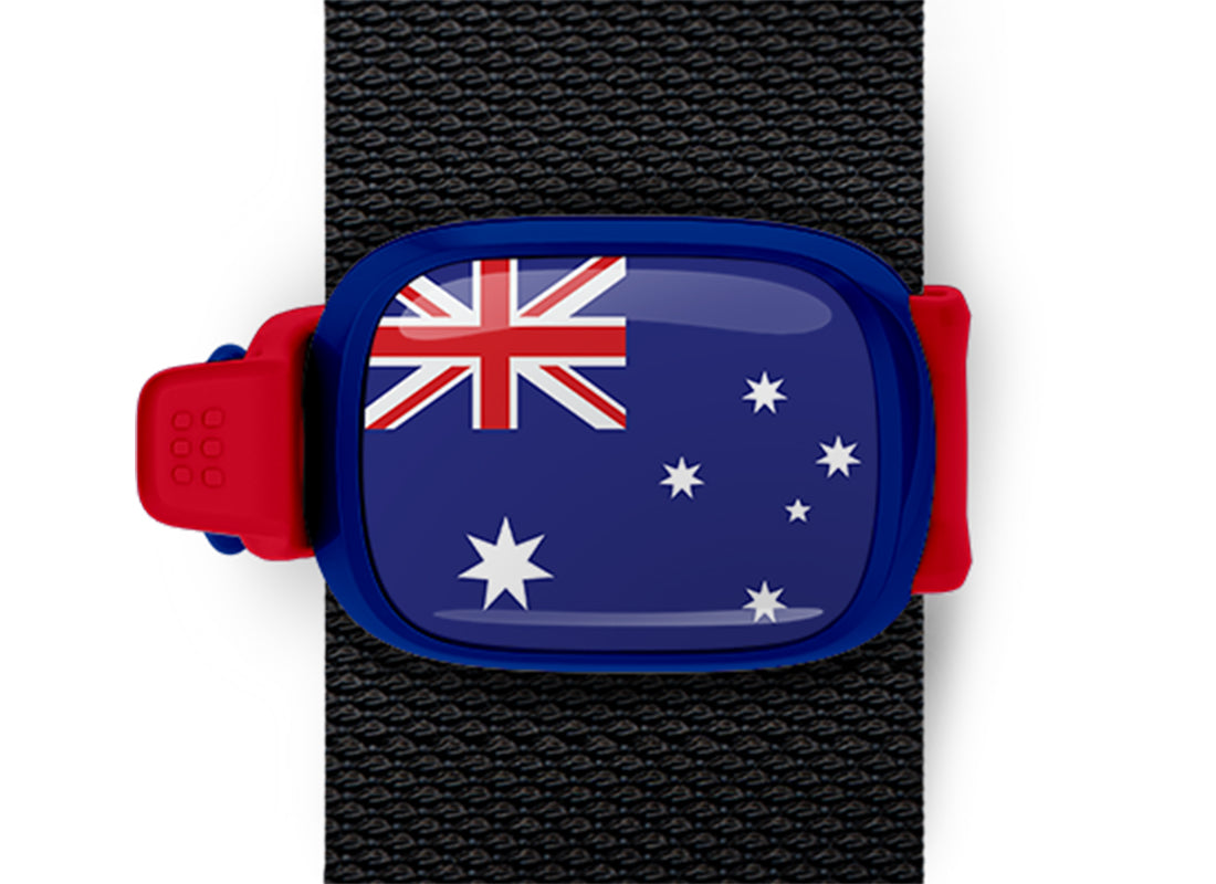 Australia flag Stwrap bag tag mounted on a bag strap
