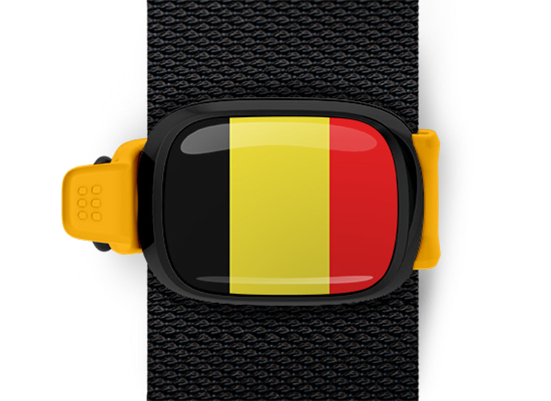 Belgium flag Stwrap bag tag mounted on a bag strap