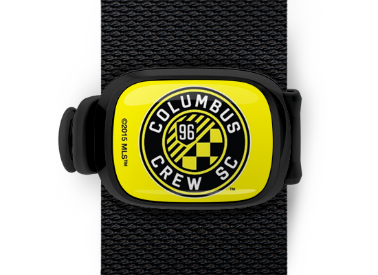 Columbus Crew mls bag tag Stwrap black case and yellow band mounted on backpack strap