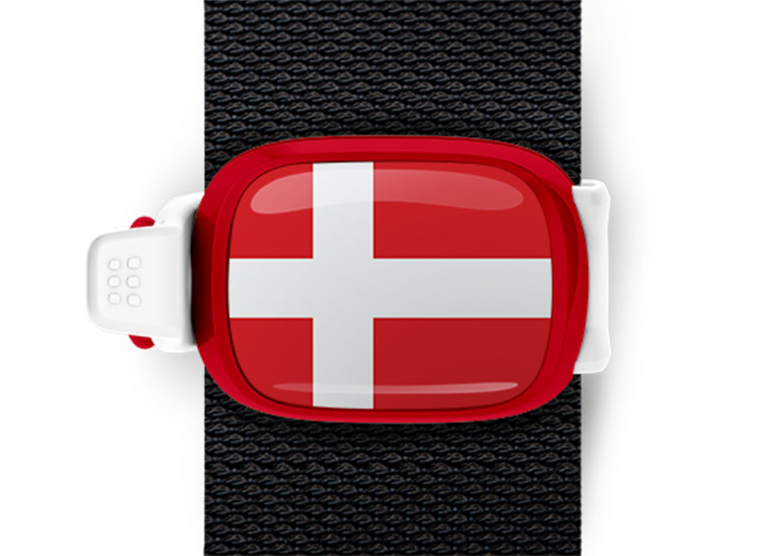 Denmark flag Stwrap bag tag mounted on a bag strap