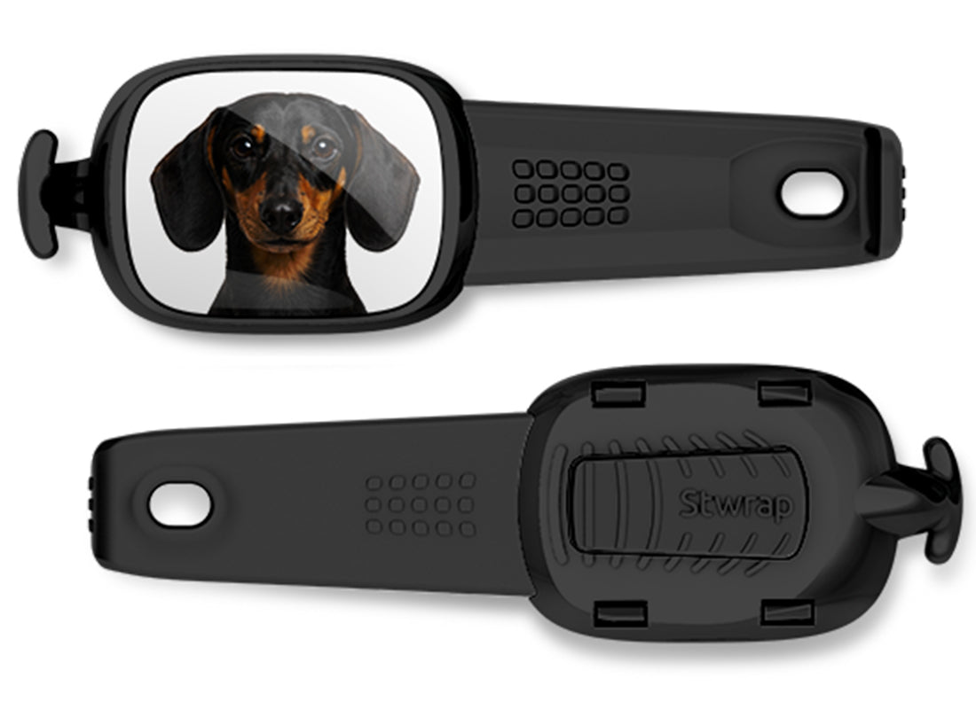 Front and back views of Dachshund photo Stwrap bag tag
