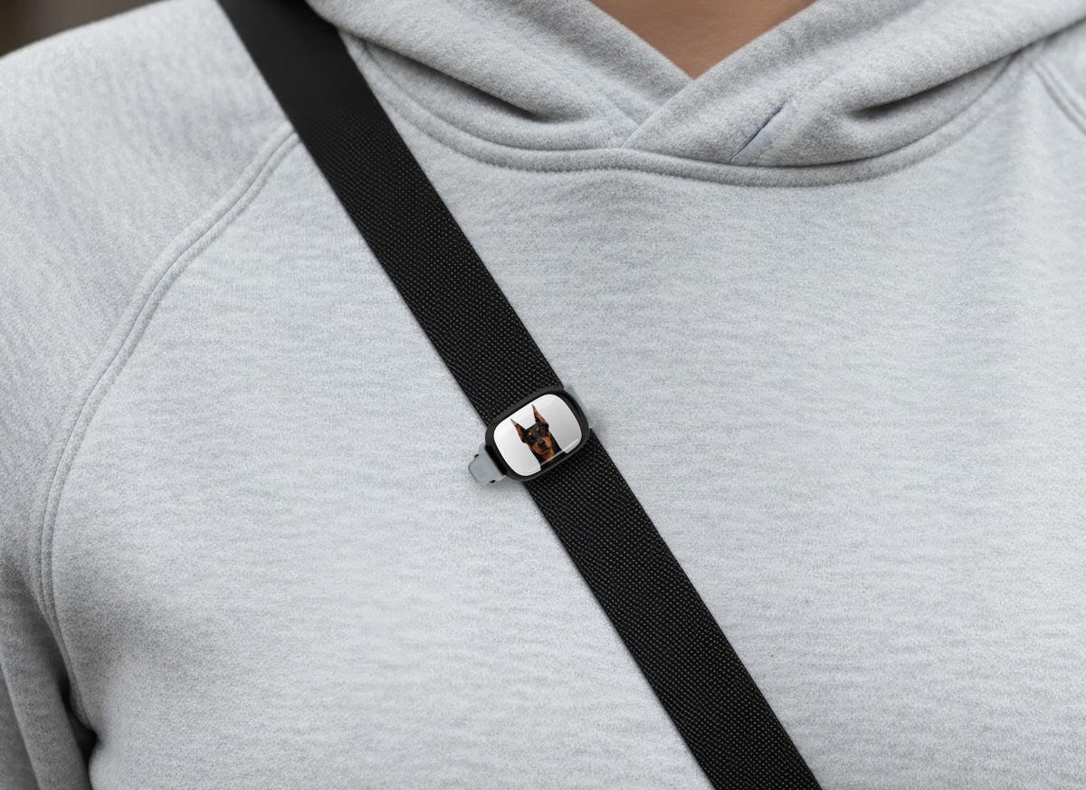 Doberman photo Stwrap bag tag worn on a black crossbody strap