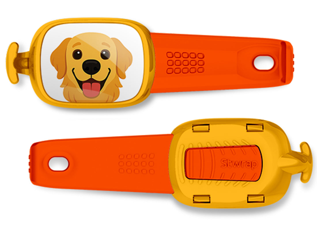 Front and back views of Golden Retriever illustrated Stwrap bag tag