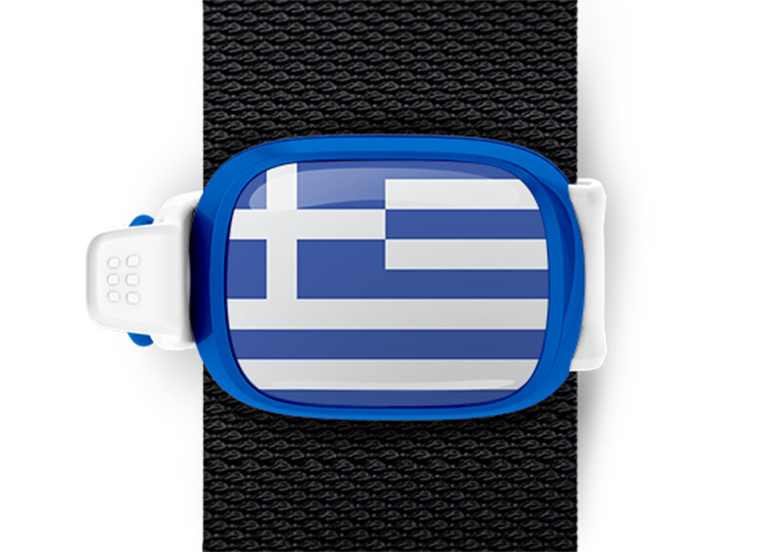 Greece flag Stwrap bag tag mounted on a bag strap