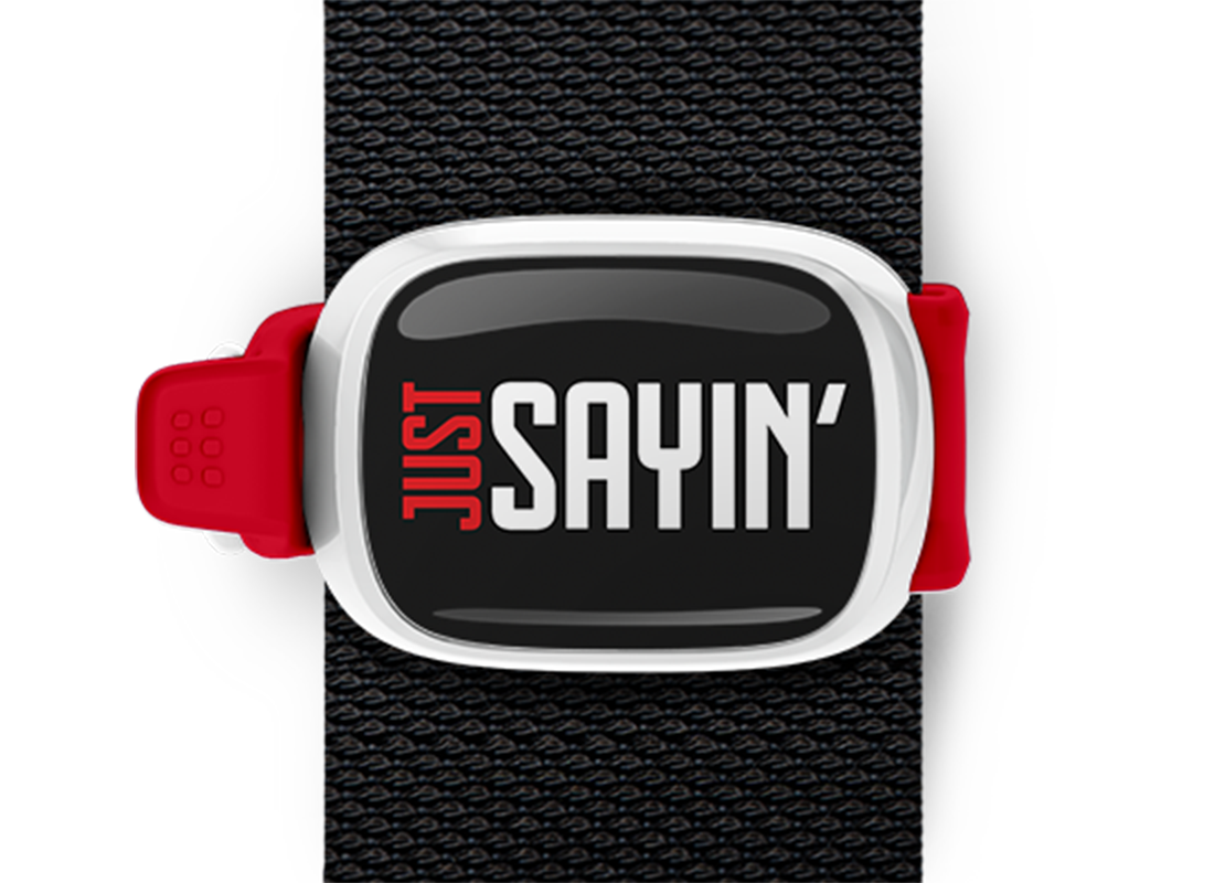 Just Sayin phrase bag tag Stwrap with white case and black band mounted on backpack strap