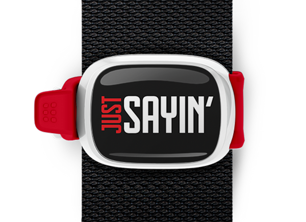 Just Sayin phrase bag tag Stwrap with white case and black band mounted on backpack strap