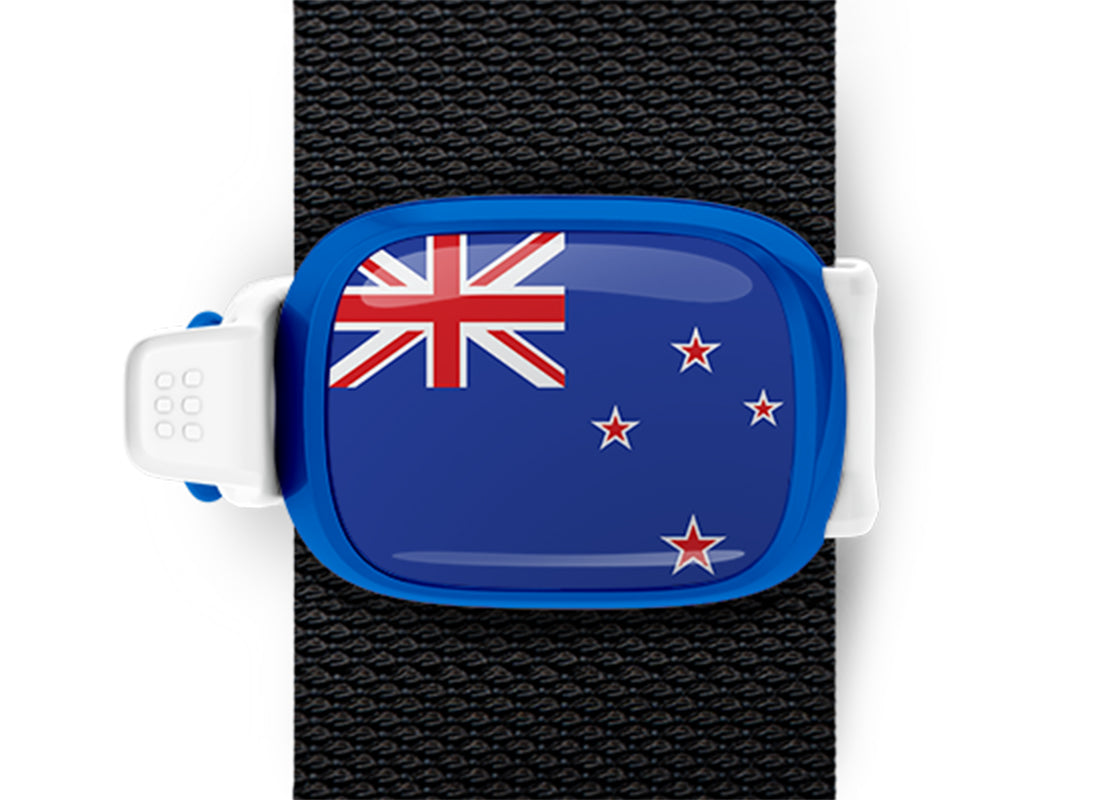 New Zealand flag Stwrap bag tag mounted on a bag strap