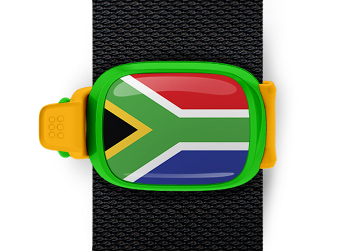 South Africa flag Stwrap bag tag mounted on a bag strap