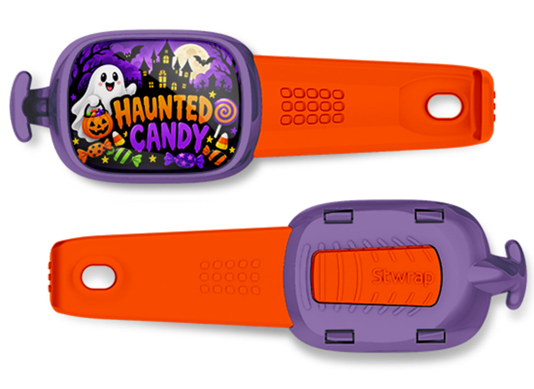 Haunted Candy Stwrap bag tag, front design and back view