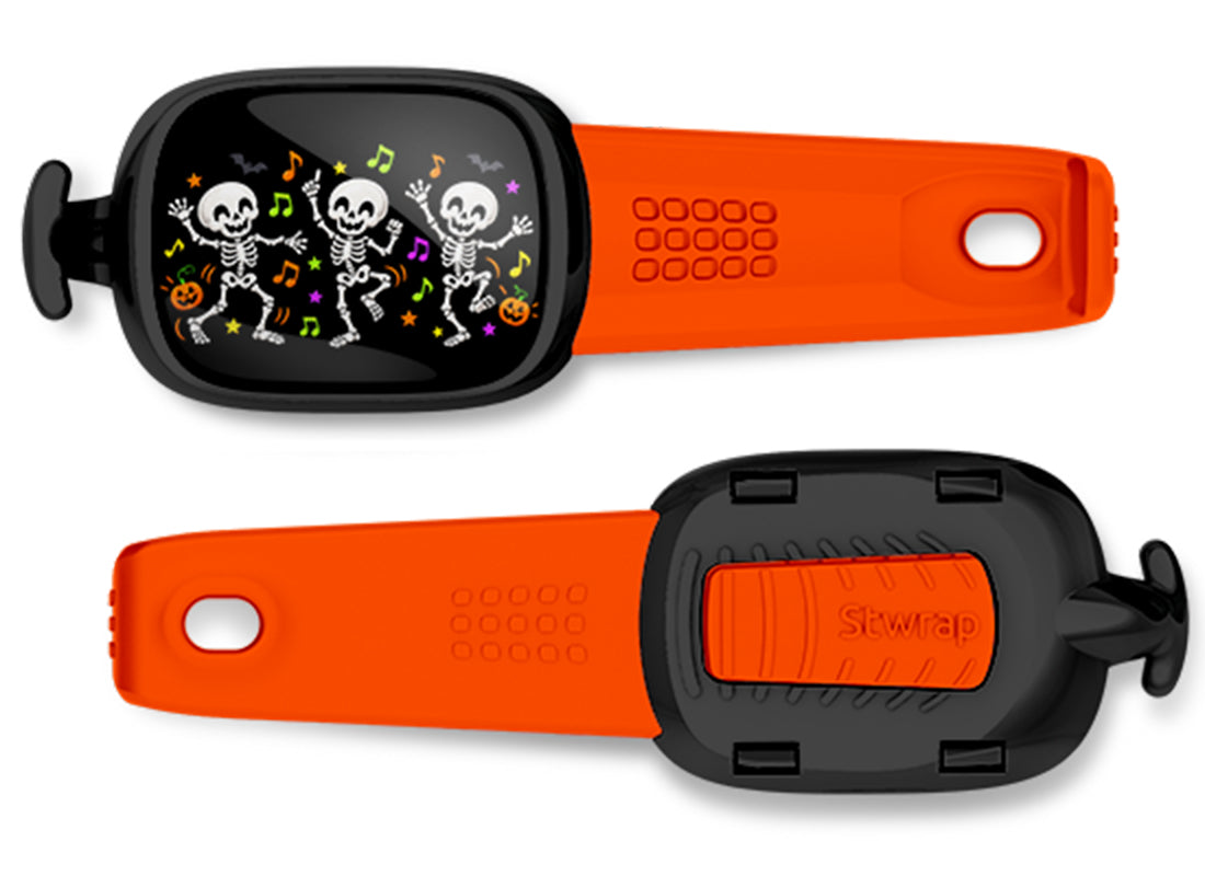 Dancing Skeleton Trio Stwrap bag tag, front design and back view