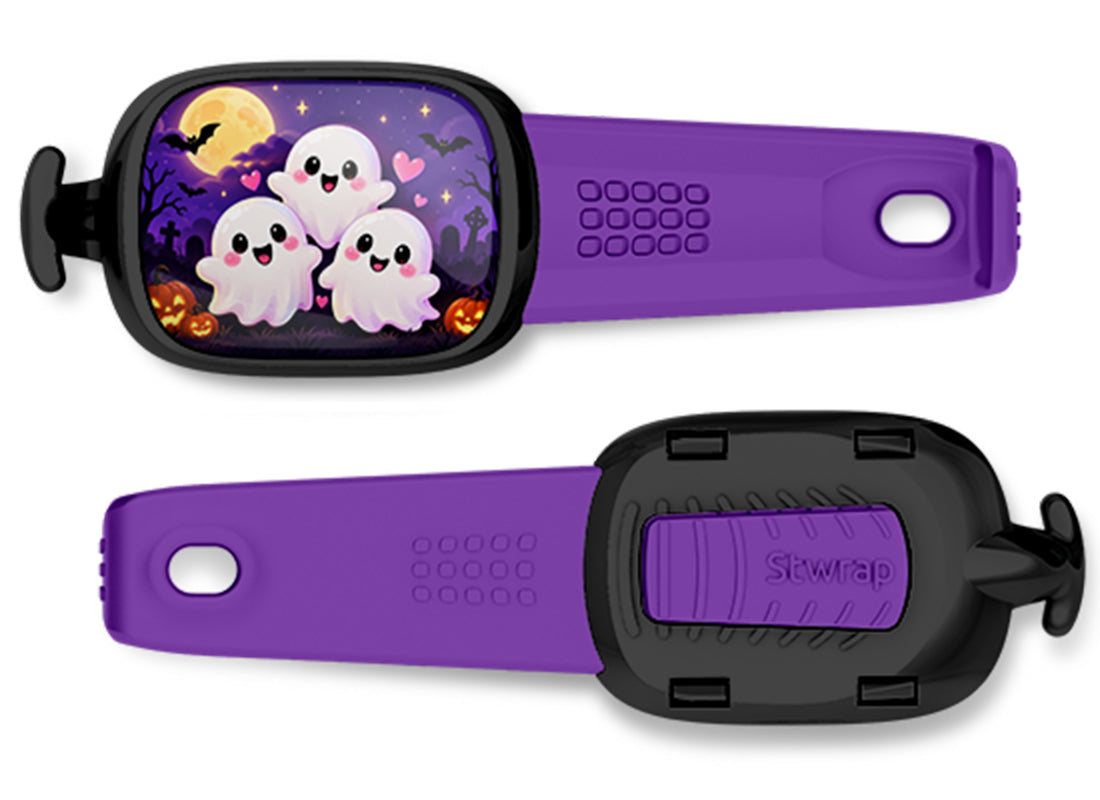 Three Cute Ghosts Stwrap bag tag, front design and back view