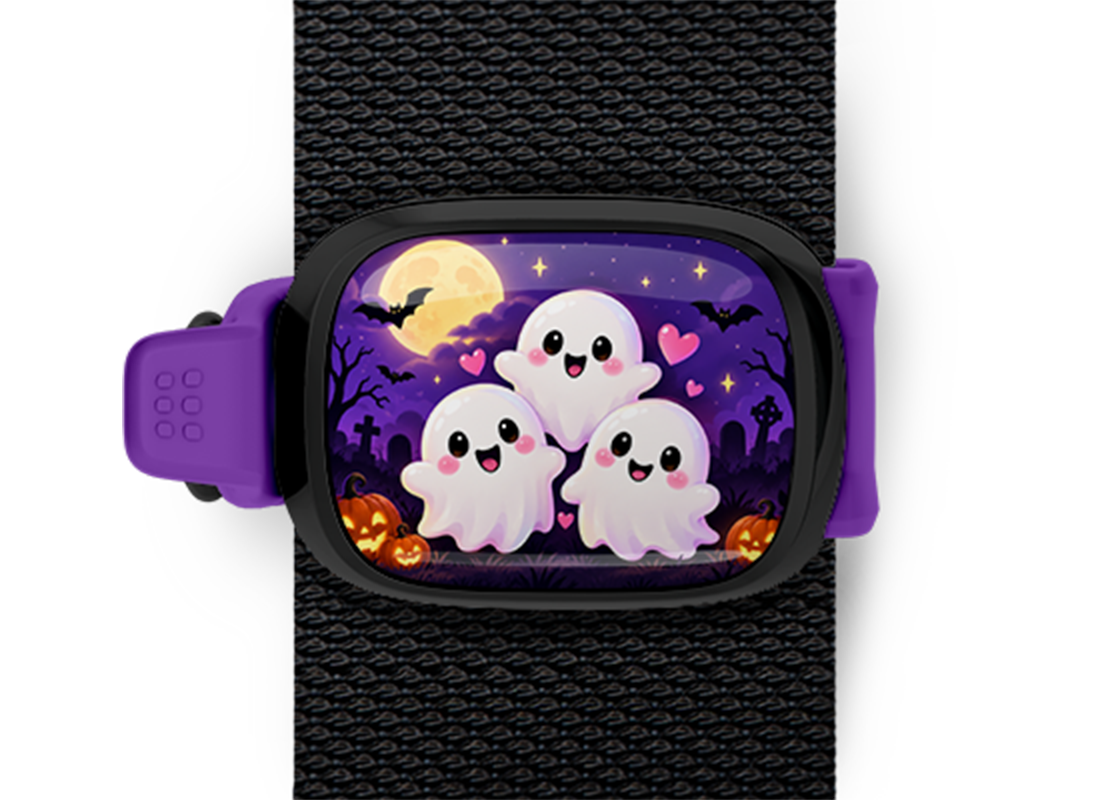 Three Cute Ghosts Stwrap Halloween bag tag mounted on a black strap