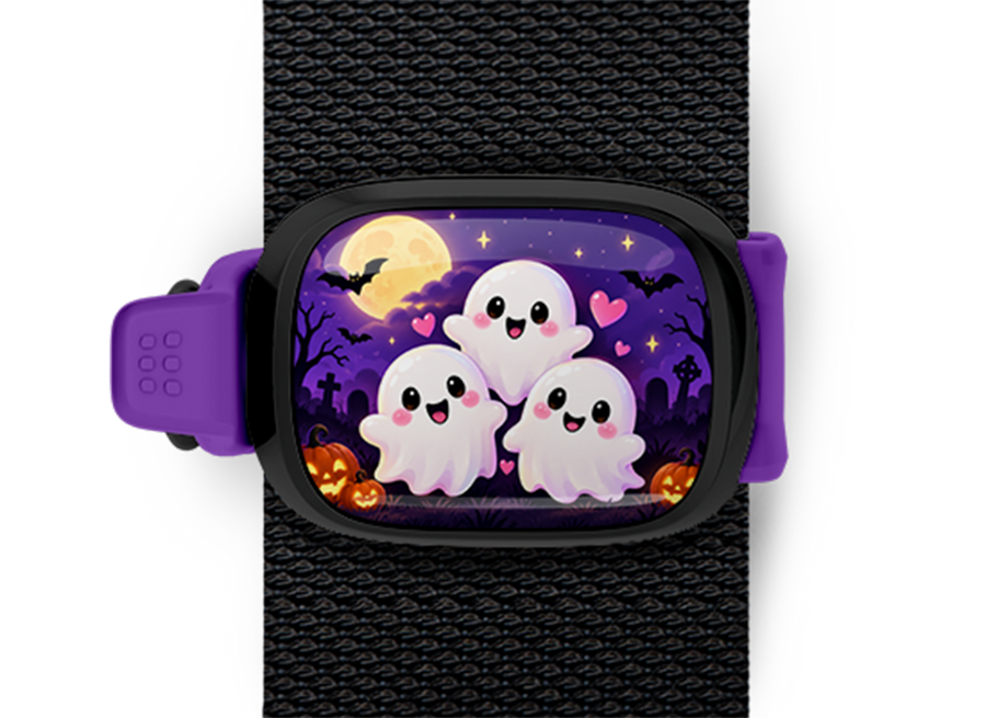 Three Cute Ghosts Stwrap Halloween bag tag mounted on a black strap