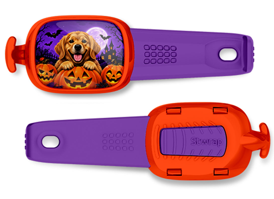 Halloween Golden Retriever Stwrap bag tag, front design and back view