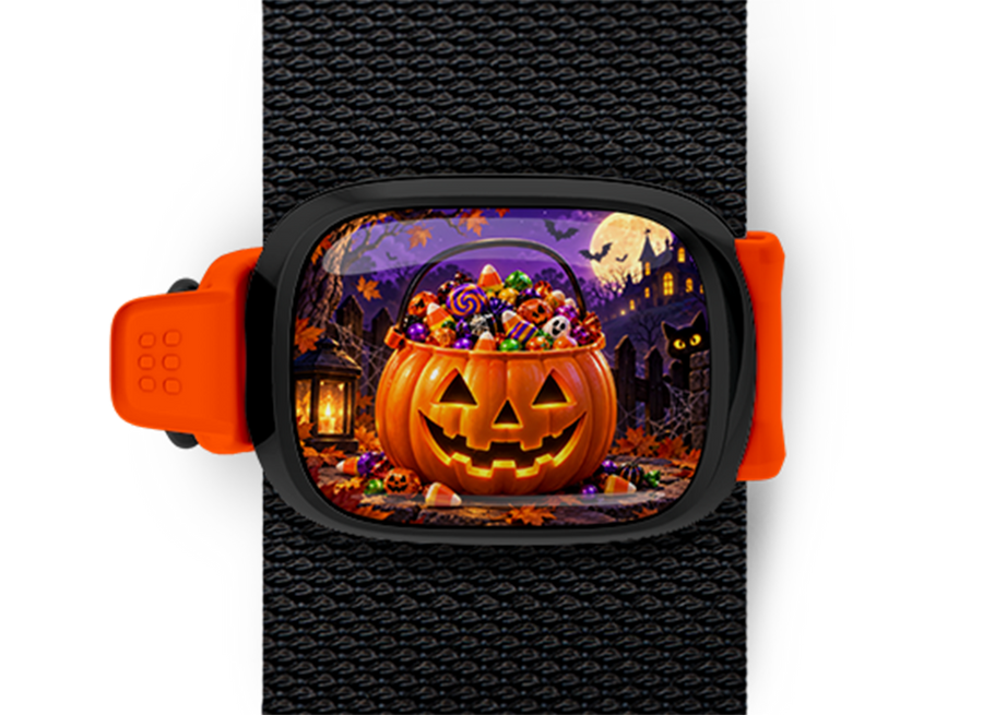 Jack-o'-Lantern Candy Bucket Stwrap Halloween bag tag mounted on a black strap