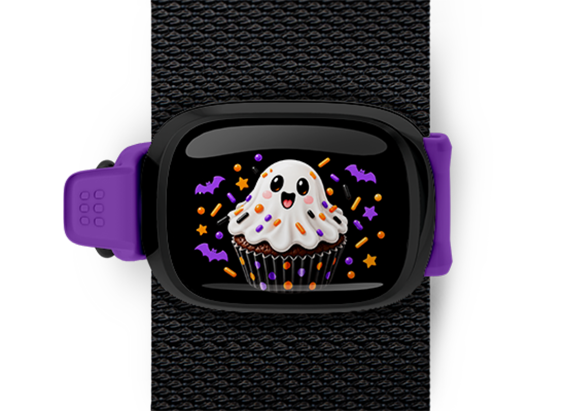 Ghost Cupcake Stwrap Halloween bag tag mounted on a black strap