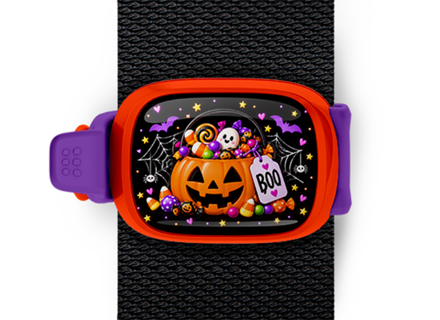 Boo Candy Pumpkin Stwrap Halloween bag tag mounted on a black strap