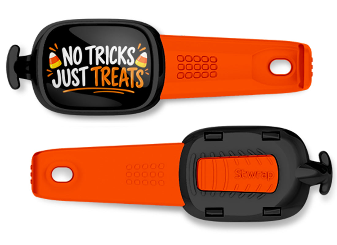 No Tricks, Just Treats Stwrap bag tag, front design and back view