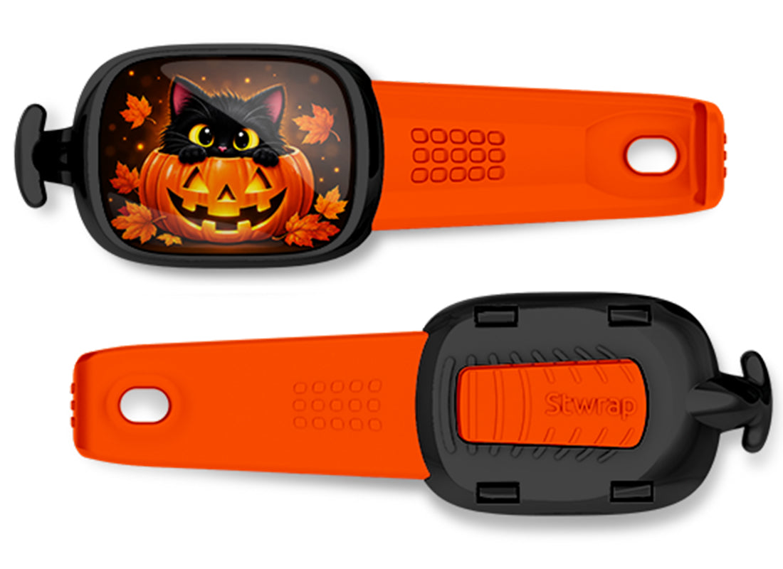 Black Cat Jack-o'-Lantern Stwrap bag tag, front design and back view