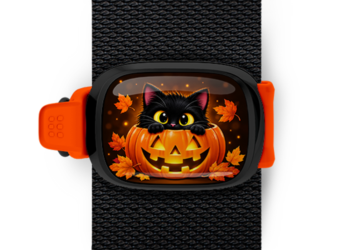 Black Cat Jack-o'-Lantern Stwrap Halloween bag tag mounted on a black strap