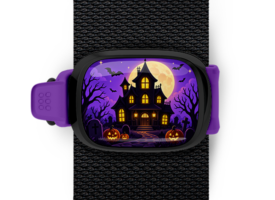 Haunted House Full Moon Stwrap Halloween bag tag mounted on a black strap