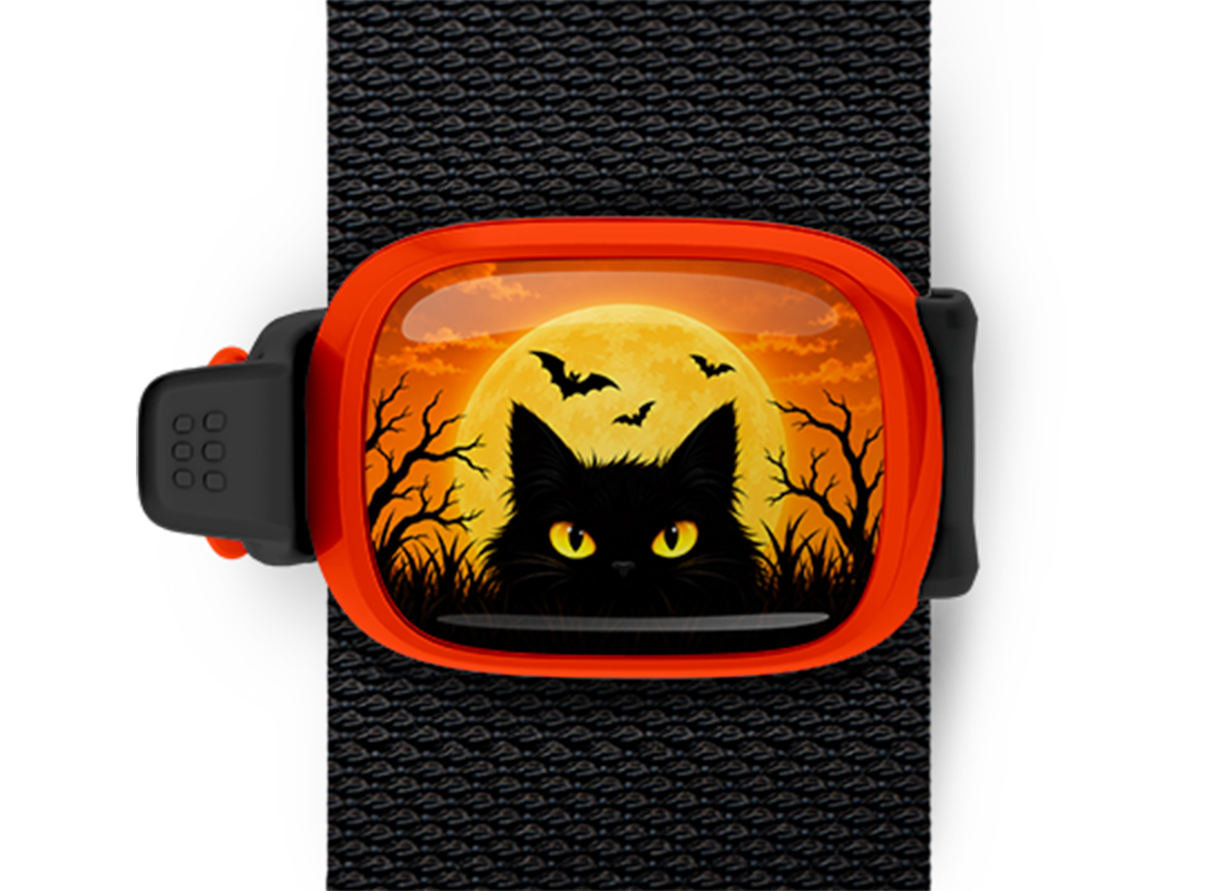Black Cat Full Moon Stwrap Halloween bag tag mounted on a black strap