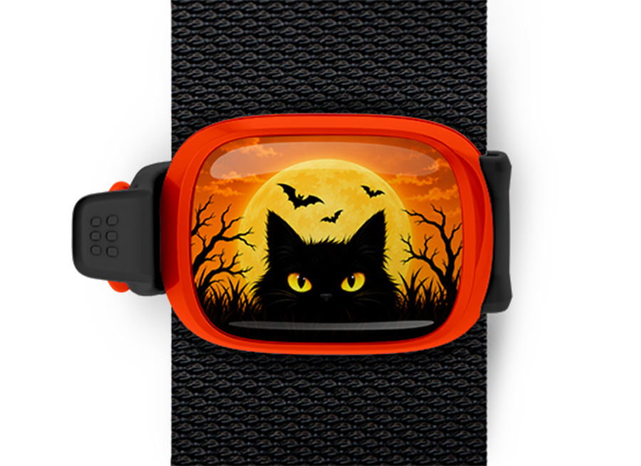 Black Cat Full Moon Stwrap Halloween bag tag mounted on a black strap