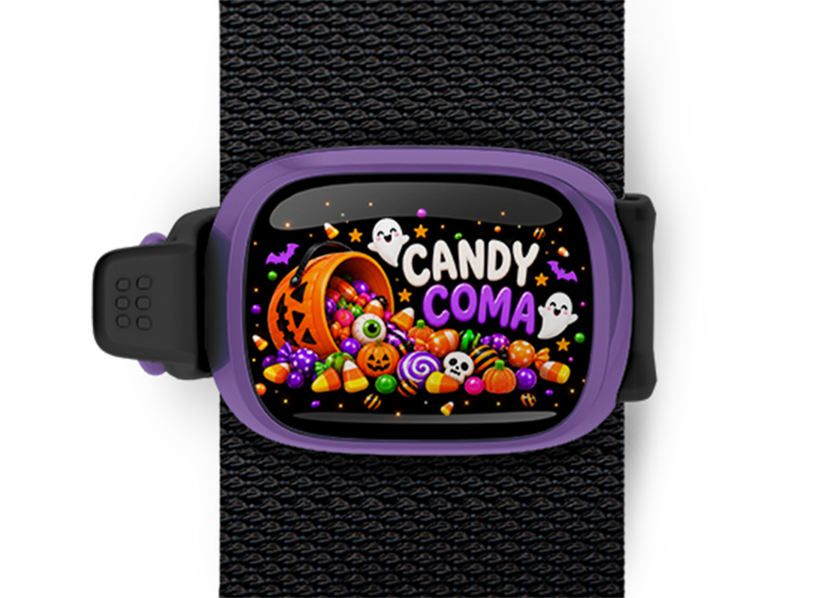 Candy Coma Stwrap Halloween bag tag mounted on a black strap