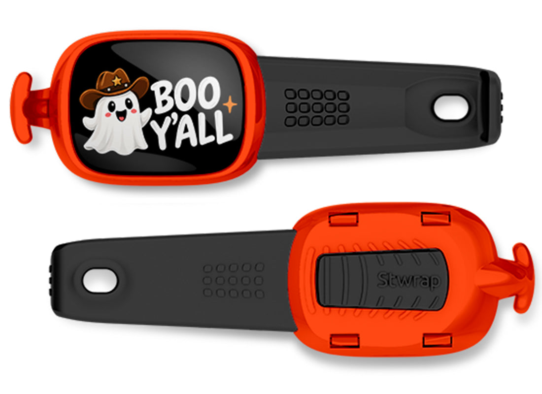 Boo Y'all Cowboy Ghost Stwrap bag tag, front design and back view
