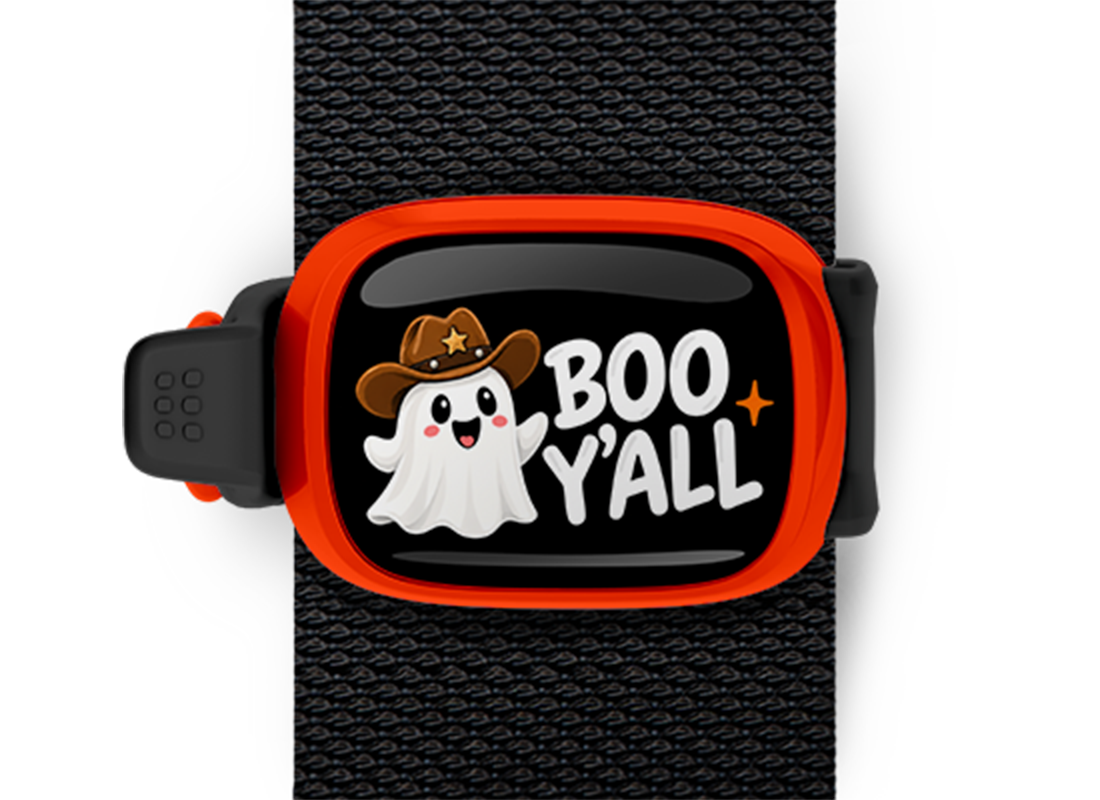 Boo Y'all Cowboy Ghost Stwrap Halloween bag tag mounted on a black strap