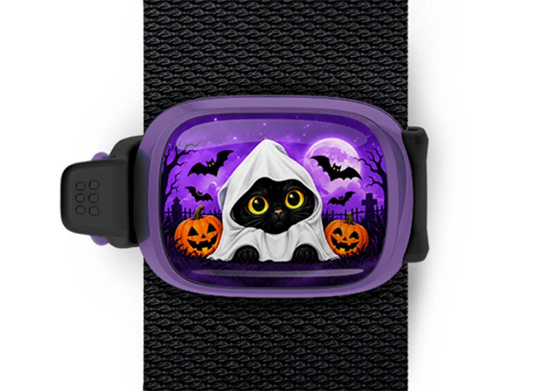 Black Cat Ghost Costume Stwrap Halloween bag tag mounted on a black strap
