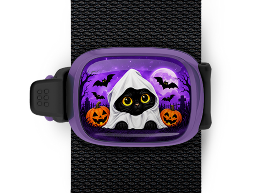 Black Cat Ghost Costume Stwrap Halloween bag tag mounted on a black strap