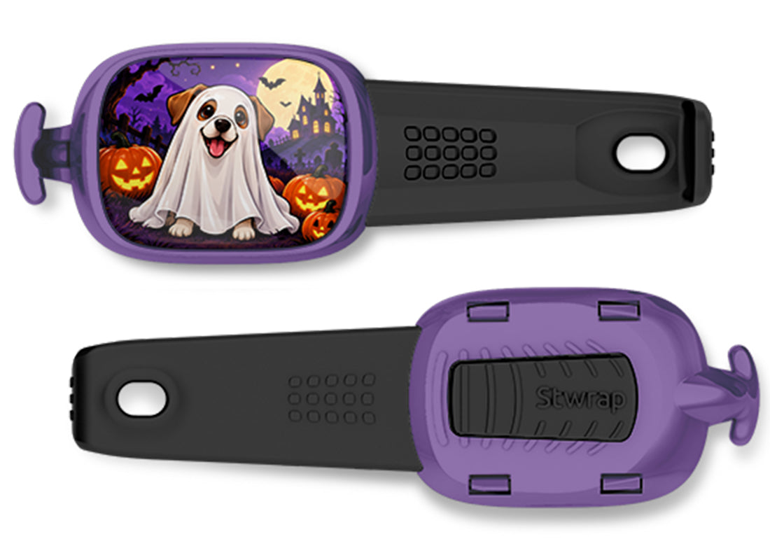 Dog Ghost Costume Stwrap bag tag, front design and back view
