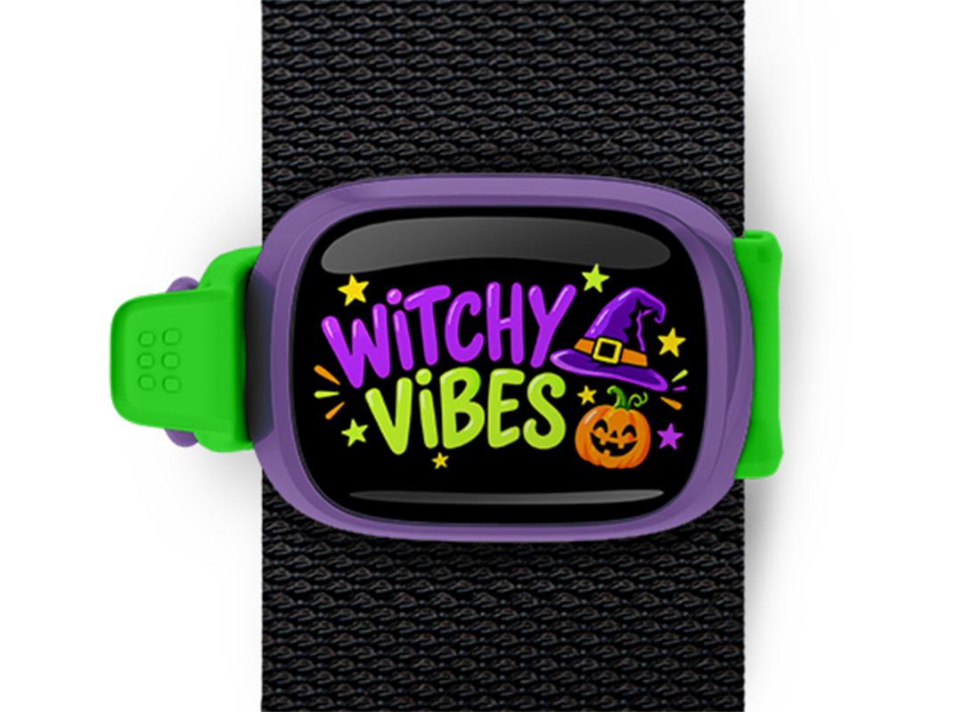 Witchy Vibes Stwrap Halloween bag tag mounted on a black strap
