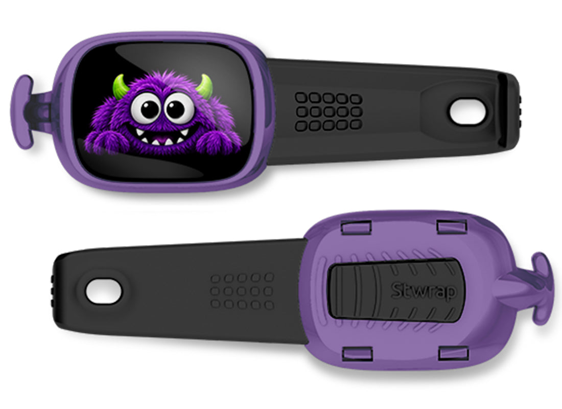 Purple Halloween Monster Stwrap bag tag, front design and back view