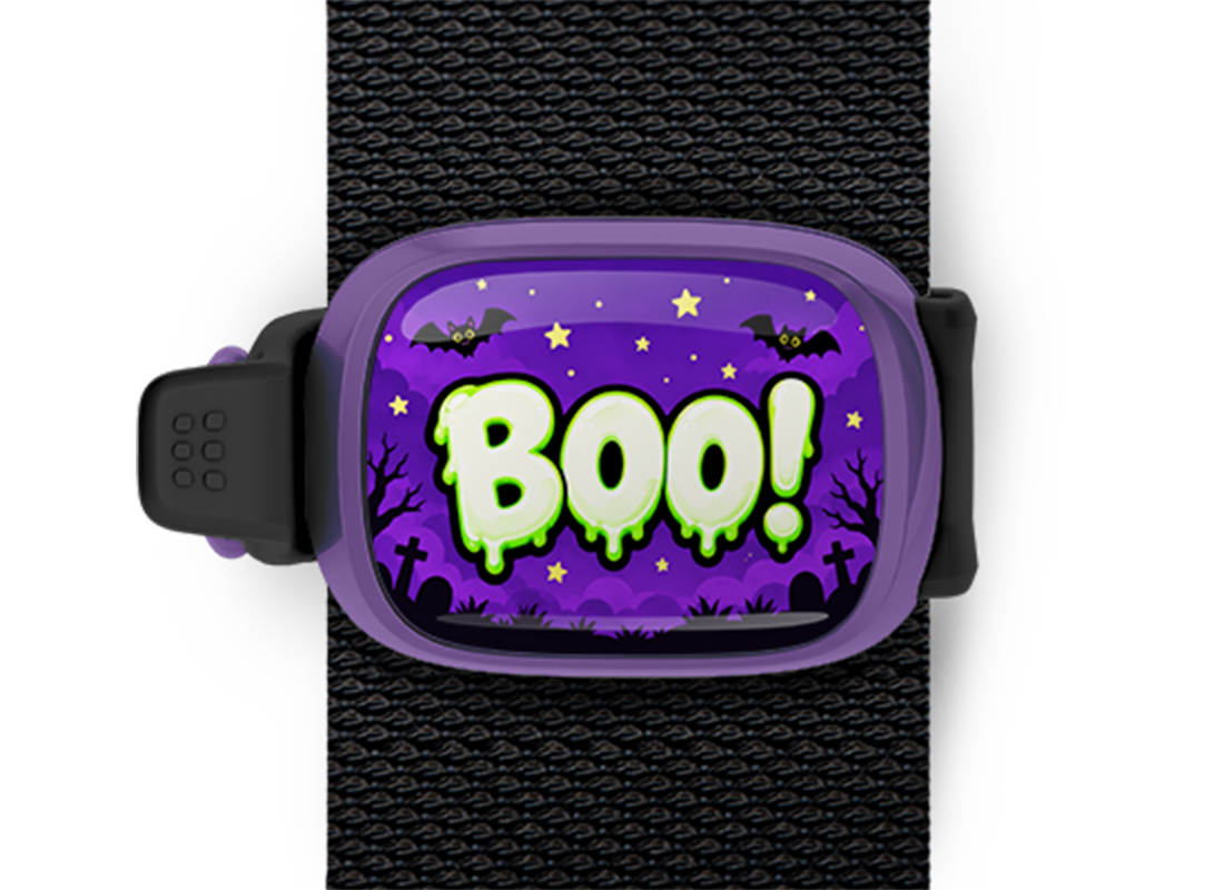 Boo! Stwrap Halloween bag tag mounted on a black strap
