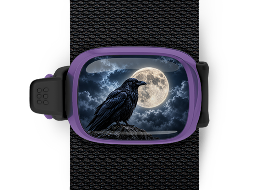 Raven Full Moon Stwrap Halloween bag tag mounted on a black strap