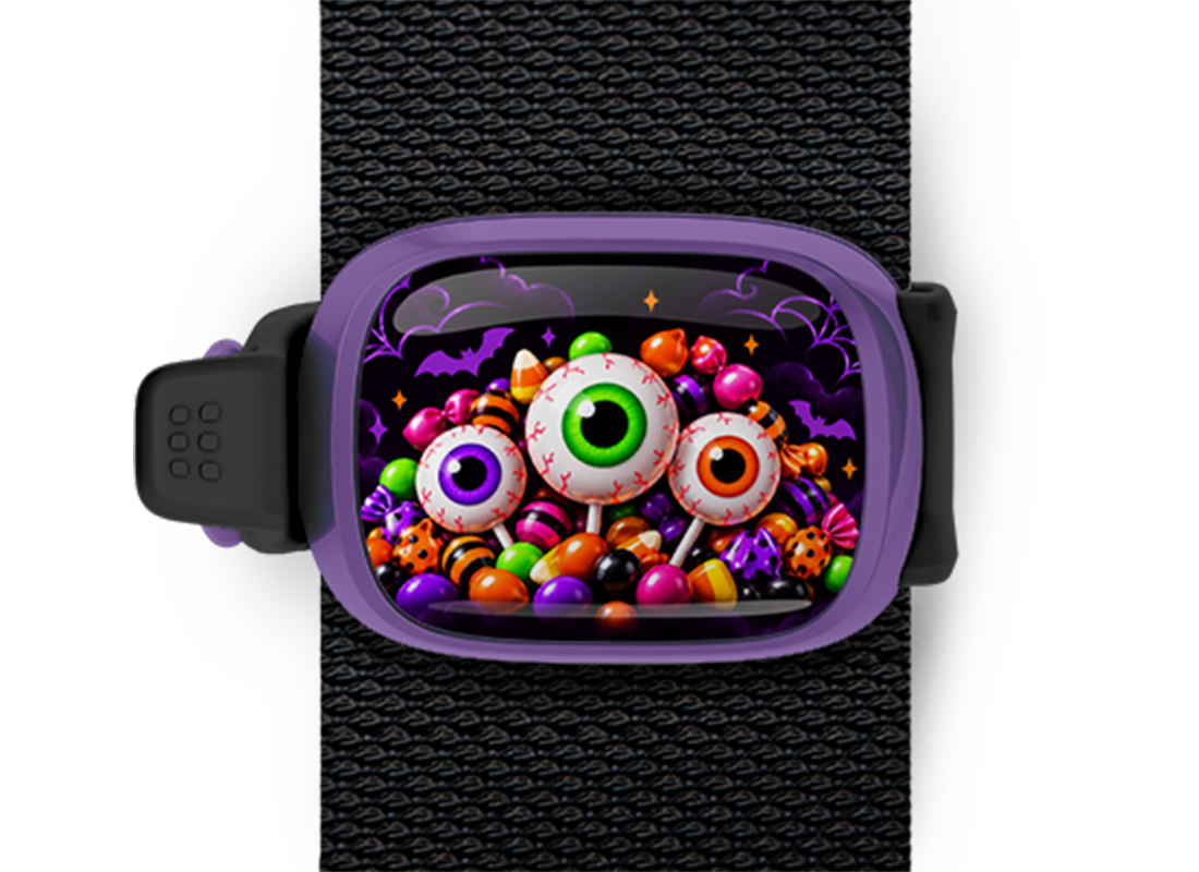Eyeball Candy Pile Stwrap Halloween bag tag mounted on a black strap