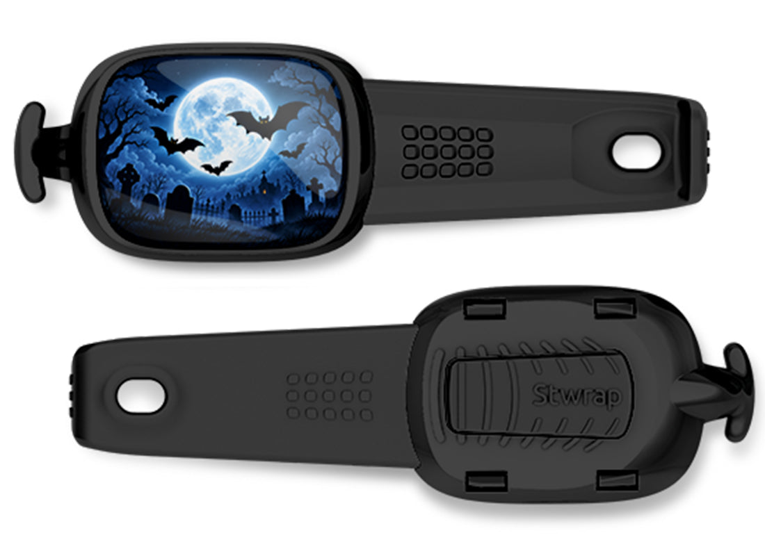Moonlit Graveyard Bats Stwrap bag tag, front design and back view