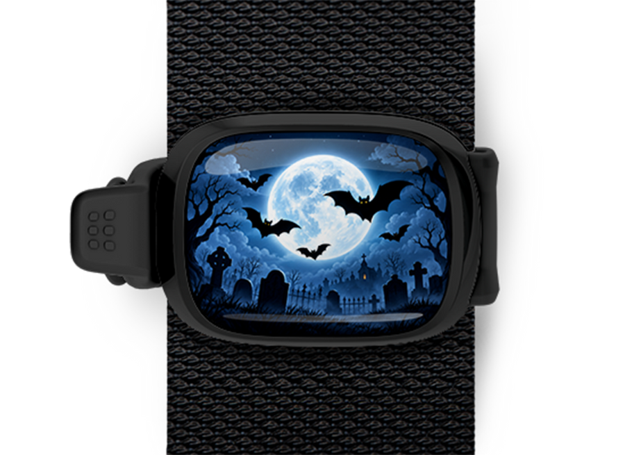 Moonlit Graveyard Bats Stwrap Halloween bag tag mounted on a black strap
