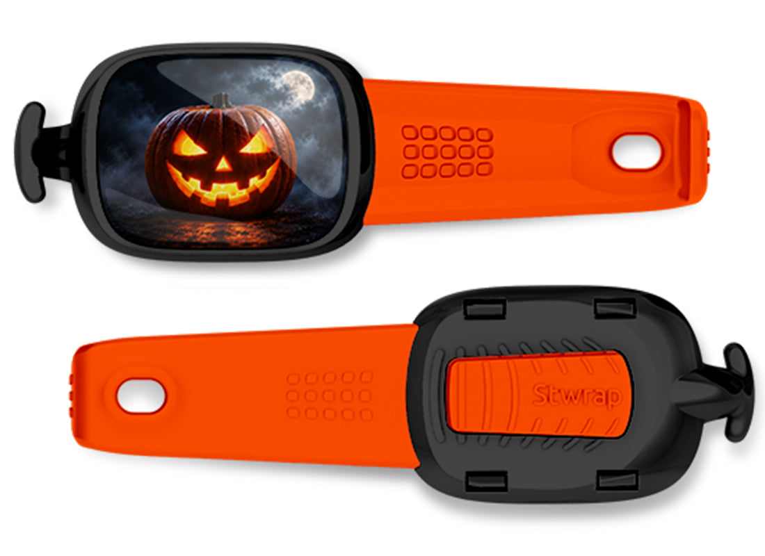 Glowing Jack O Lantern Stwrap bag tag, front design and back view