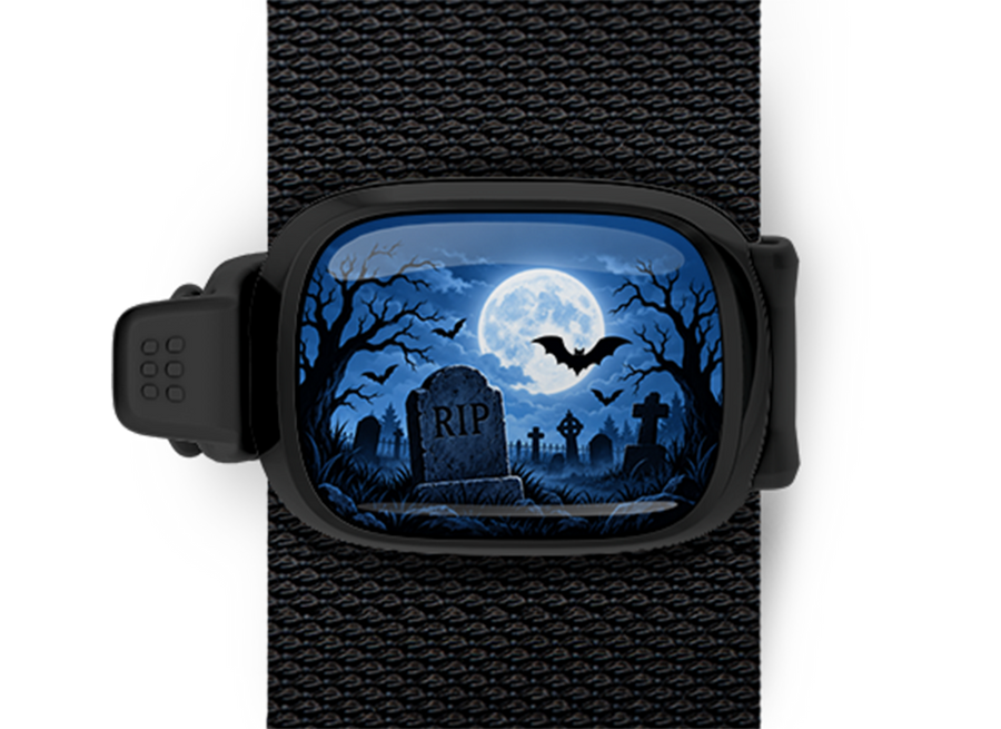 RIP Graveyard Stwrap Halloween bag tag mounted on a black strap
