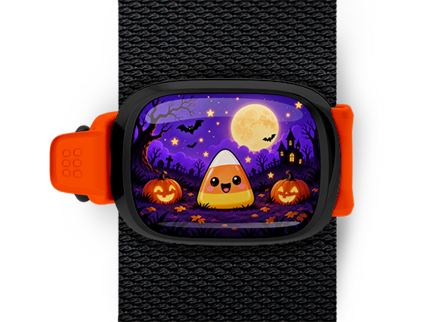 Cute Candy Corn Stwrap Halloween bag tag mounted on a black strap