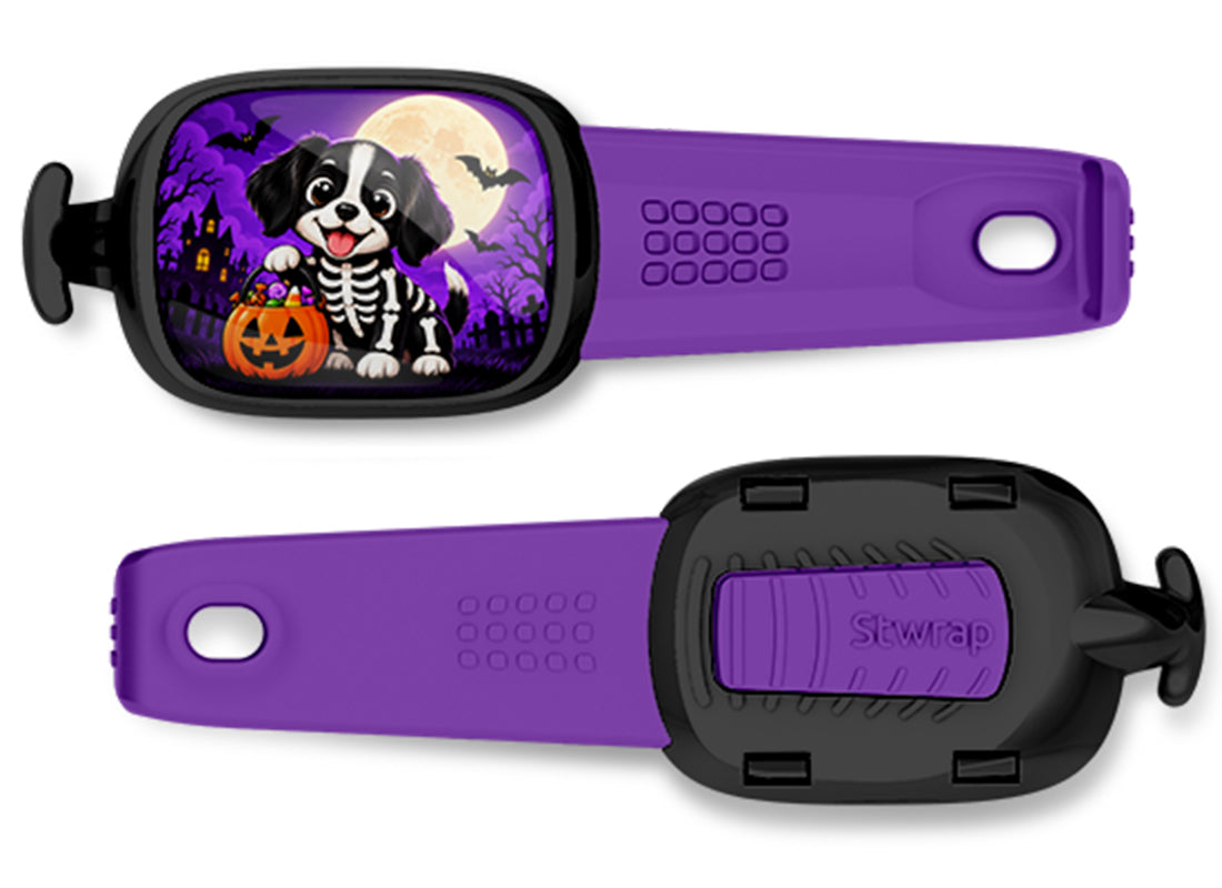 Skeleton Costume Dog Stwrap bag tag, front design and back view
