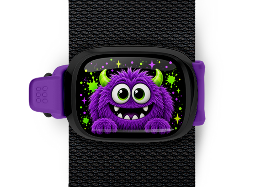Purple Monster Stwrap Halloween bag tag mounted on a black strap