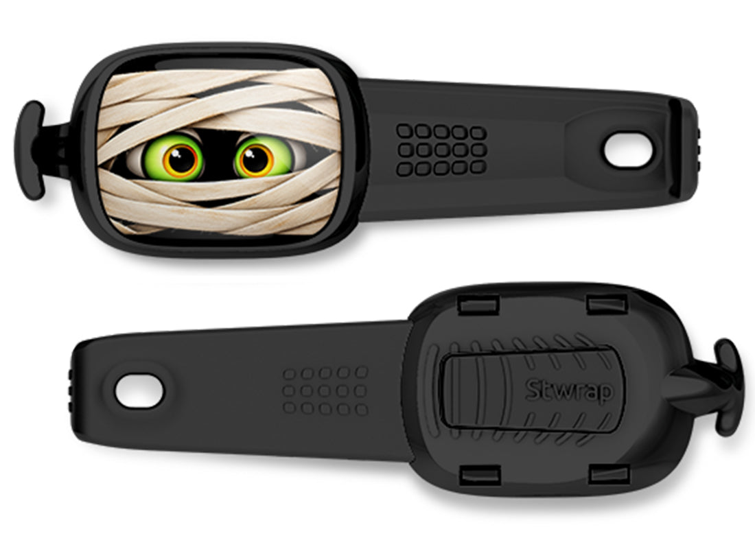 Mummy Eyes Stwrap bag tag, front design and back view
