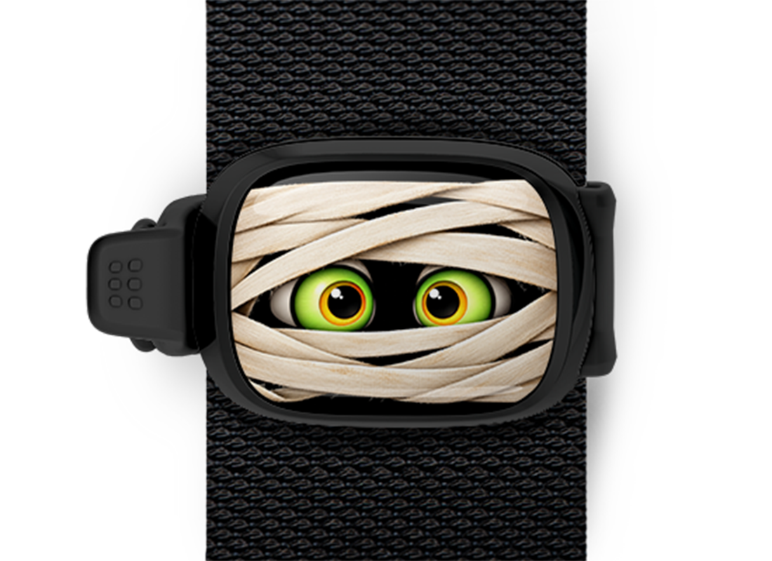 Mummy Eyes Stwrap Halloween bag tag mounted on a black strap