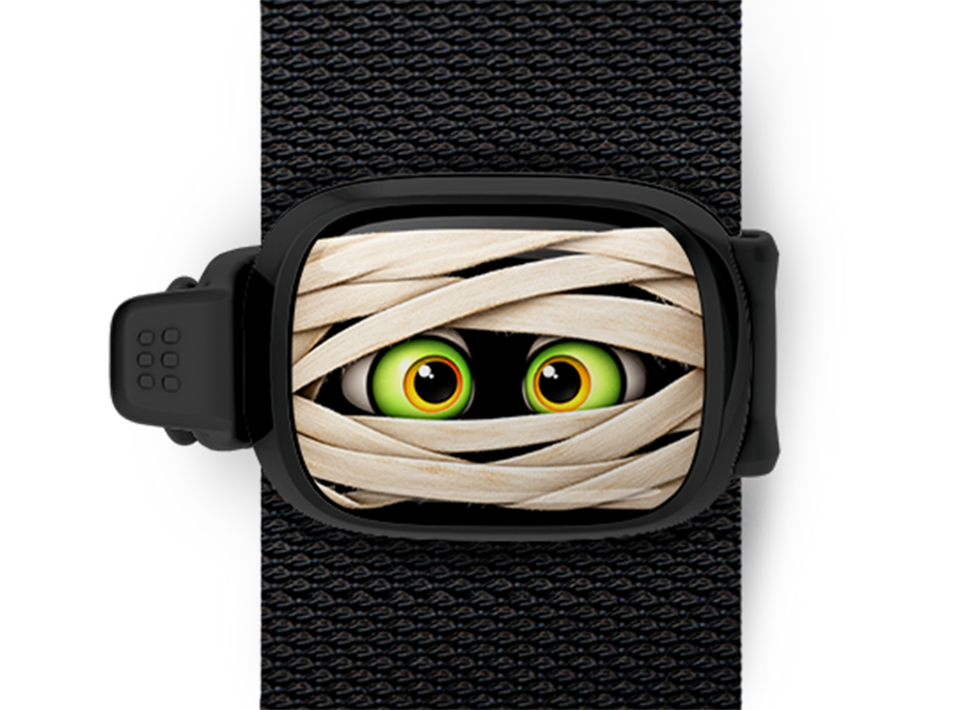 Mummy Eyes Stwrap Halloween bag tag mounted on a black strap