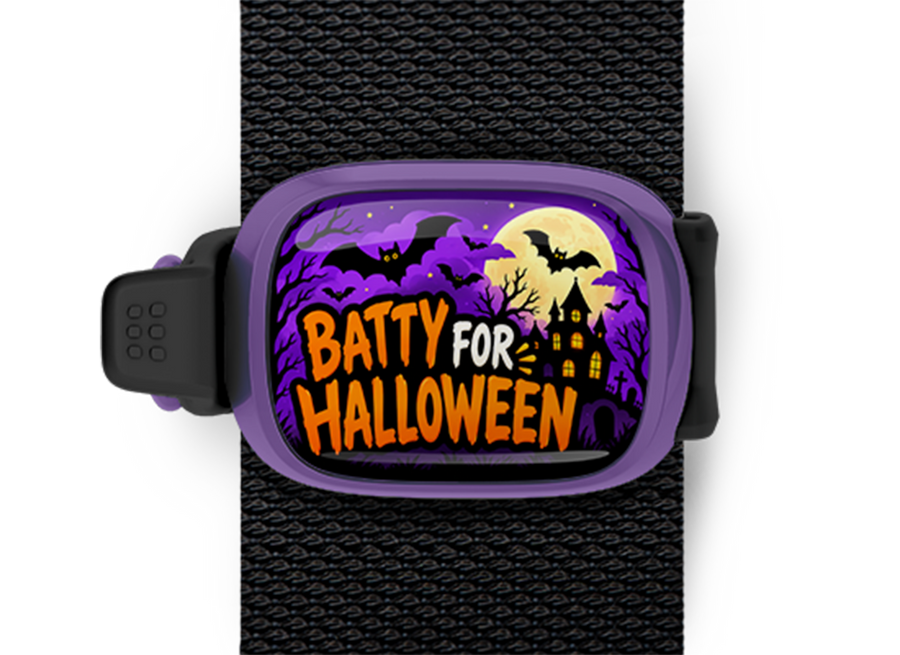 Batty For Halloween Stwrap Halloween bag tag mounted on a black strap